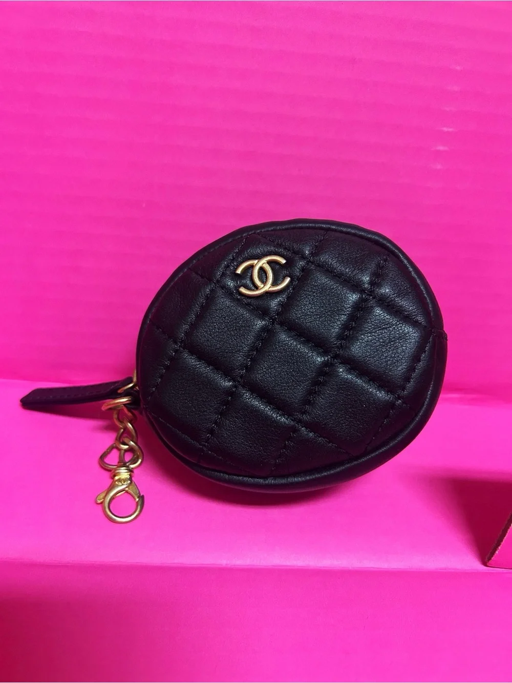 Authentic Chanel 19 CC Round Diamond Quilted Coin Pouch / Bag Charm